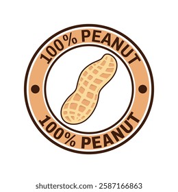 Brown 100% Peanut isolated round stamp sticker vector illustration. Symbol or icon.