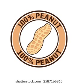 Brown 100% Peanut isolated round stamp sticker vector illustration. Symbol or icon.