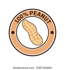 Brown 100% Peanut isolated round stamp sticker vector illustration. Symbol or icon.