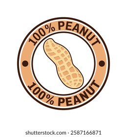 Brown 100% Peanut isolated round stamp sticker vector illustration. Symbol or icon.