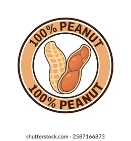 Brown 100% Peanut isolated round stamp sticker vector illustration. Symbol or icon.