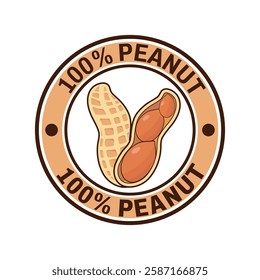 Brown 100% Peanut isolated round stamp sticker vector illustration. Symbol or icon.