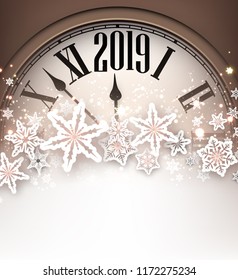 Marrón de 2019 Año Nuevo con reloj gris y copos de nieve. Hermosa tarjeta de felicitación de Navidad. Ilustración vectorial.