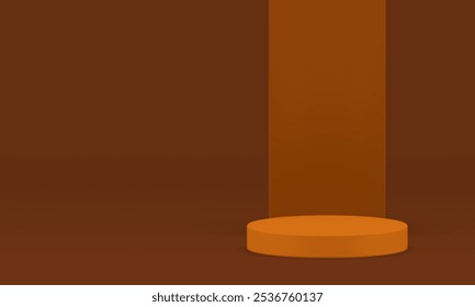 Podio de cilindro 3d marrón con fondo de pared Ilustración vectorial realista. Modelo redondo minimalista de la etapa del escaparate del pedestal beige anaranjado para la presentación del espectáculo de la venta de las compras del producto