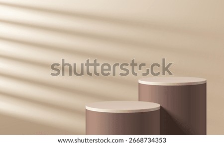 Brown 3D cylindrical podium background with window lighting on wall scene. Minimalist mockup pedestal. Abstract stands product display presentation, Stage showcase. Platforms geometric vector design.