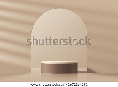 Brown 3d cylindrical podium background with arch gate and window light wall scene. Minimalist mockup pedestal. Abstract stands product display presentation, Stage for showcase. Platforms vector design