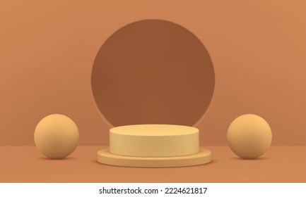 Brown 3d podium cylinder level showcase circle hole geometric wall empty showroom realistic vector illustration. Pedestal steps decorative sphere ball basic foundation for product promo presentation