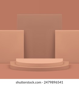 Brown 3d podium pedestal with geometric wall background realistic vector illustration. Beige neutral advertising stand semi circle platform with squared rectangle backdrop for presentation
