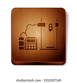 Brown 3D printer icon isolated on white background. Wooden square button. Vector Illustration