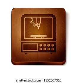 Brown 3D printer icon isolated on white background. Wooden square button. Vector Illustration