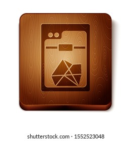 Brown 3D printer icon isolated on white background. Wooden square button. Vector Illustration