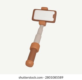 Brown 3D selfie stick icon, extendable phone holder for taking photos and videos, isolated travel accessory illustration