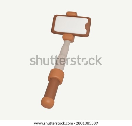 Brown 3D selfie stick icon, extendable phone holder for taking photos and videos, isolated travel accessory illustration