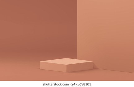 Brown 3d squared podium pedestal mock up for cosmetic product show realistic vector illustration. Beige pastel showcase empty showroom interior with wall background for commercial presentation