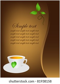 Brown abstract background with a cup of tea and green shoots