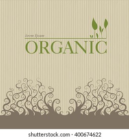 Brown abstract background with curly waves. At the bottom of the little sprouts. Leaves are drawn up. There is room for text. This can be used to design books, catalogs and other printed products