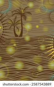 Brown abstract background with palm trees. Hand drawing. Not AI, Vector illustration