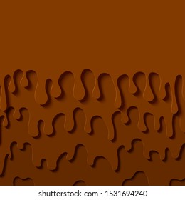 Brown abstract background in paper cut style. Layers of melted chocolate flow down. Papercut silhouette drops of slime. Vector card illustration.