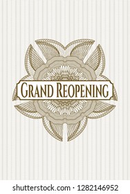 Brown abstract linear rosette with text Grand Reopening inside