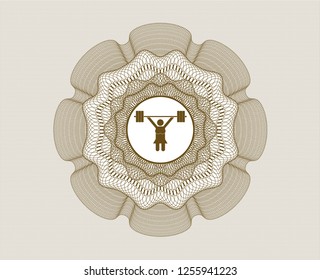 Brown abstract linear rosette with weightlifter girl icon inside