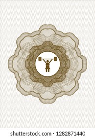 Brown abstract linear rosette with weightlifter girl icon inside