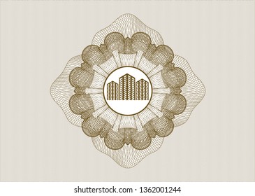 Brown abstract rosette with buildings icon inside
