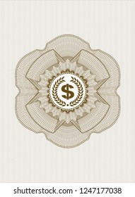 Brown abstract rosette with laurel wreath with money symbol inside icon inside