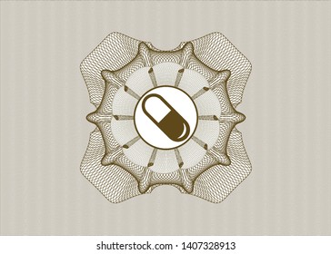 Brown abstract rosette with pill icon inside