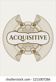 Brown abstract rosette with text Acquisitive inside