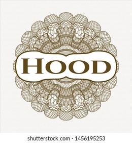 Brown abstract rosette with text Hood inside