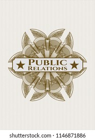 Brown abstract rosette with text Public Relations inside