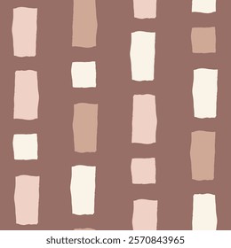 Brown Abstract Seamless Pattern with organic geometric shapes. Modern minimalist striped background with beige rectangles in hand drawn style. Neutral repeat vector illustration