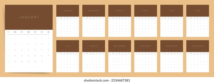 Brown Accent 2025 Calendar for Wall and Desk. Modelo de calendário 2025 para uso de parede e mesa. Conjunto de layouts de páginas mensais verticais prontas para impressão. Calendário de 2025 da Clean Business.