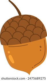 Brown acorn large top outlined scalloped pattern, light brown bottom curved line, isolated bright white background autumn nature art. Oak nut food wildlife snack, closeup simple realistic seed