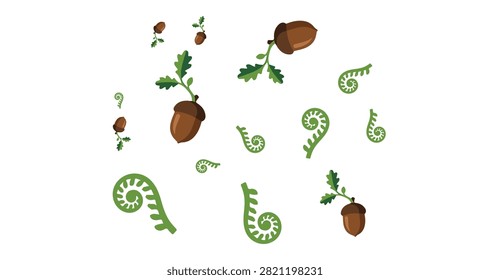 brown acorns with green leafy caps and curled bright green fern fronds scattered against a clean white backdrop autumn nature concept
