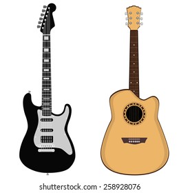 Brown acoustic and black electric rock guitar vector set