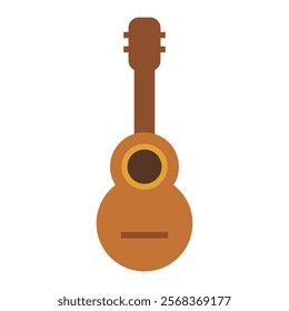 Brown acoustic guitar with a darker neck and headstock, yellow outlined sound hole, and a simple bridge representation.