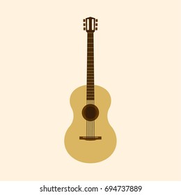 Brown acoustic guitar with six black strings, guitar acoustic illustration with six strings and have young brown color, flat design, acoustic guitar illustration