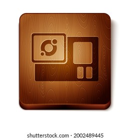 Brown Action extreme camera icon isolated on white background. Video camera equipment for filming extreme sports. Wooden square button. Vector