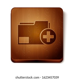 Brown Add new folder icon isolated on white background. New folder file. Copy document icon. Add attach create folder make new plus. Wooden square button. Vector Illustration