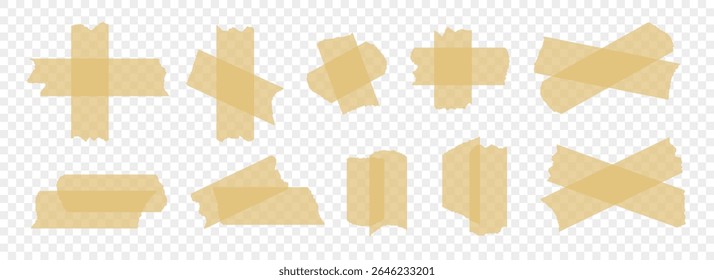 Brown adhesive tapes collection. Torn duct tape pieces set. strip. Plastic scotch stripes with torn jagged edges. Sticky masking paper for package wrap, blank tag, label, sticker, decoration. Vector