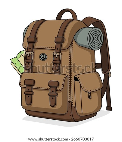 Brown adventurer backpack vector illustration. Adventure, discovery, activity object design