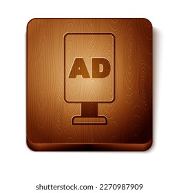 Brown Advertising icon isolated on white background. Concept of marketing and promotion process. Responsive ads. Social media advertising. Wooden square button. Vector