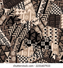Brown african patchwork background with african motifs