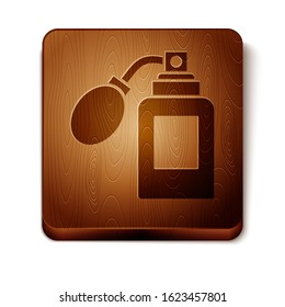 Brown Aftershave bottle with atomizer icon isolated on white background. Cologne spray icon. Male perfume bottle. Wooden square button. Vector Illustration