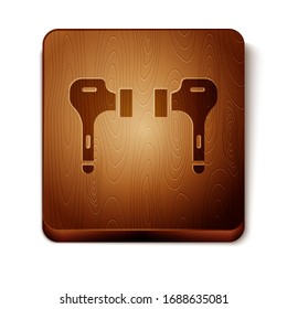 Brown Air headphones icon icon isolated on white background. Holder wireless in case earphones garniture electronic gadget. Wooden square button. Vector Illustration