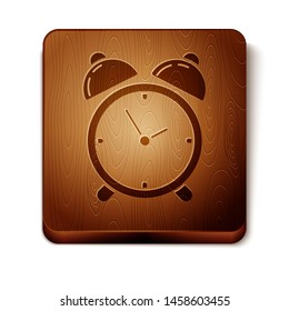 Brown Alarm clock icon isolated on white background. Wake up, get up concept. Time sign. Wooden square button. Vector Illustration