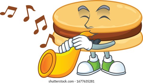 Brown alfajor cartoon character playing music with a trumpet