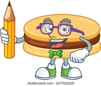 Brown alfajor clever student character using a pencil