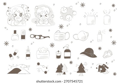 Brown allergy prevention items and spring pollen illustration set